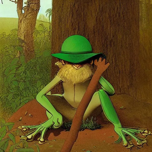 Image similar to frog with bucket hat squatting in the forest. plane in the sky far away. artwork by moebius, georges de la tour