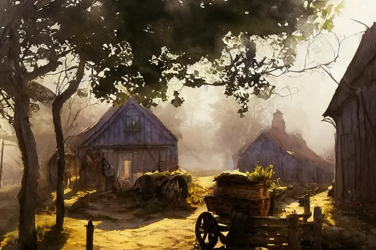 Prompt: watercolor painting of rustic village street, straw roof, scandinavian mythology, ambient lighting and shadows, fog, art by hans dahl, by jesper ejsing, art by anders zorn, wonderful masterpiece by greg rutkowski, cinematic light, american romanticism by greg manchess, creation by tyler edlin