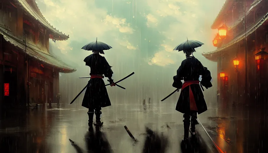 Prompt: baroque oil painting of key visual samurai war, rain, storm, fake detail, trending pixiv fanbox, acrylic palette knife, style of makoto shinkai takashi takeuchi yoshiyuki sadamoto greg rutkowski chiho aoshima, artstation