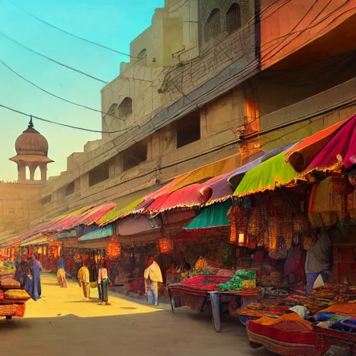 Image similar to bazaar in delhi. art by salman toor. global illumination, radiant light, detailed and intricate environment, atmospheric light, cinematic, trending on artstation