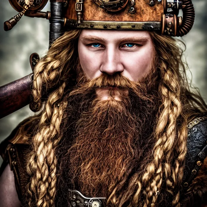 Prompt: portrait full shot photograph of a real-life steampunk viking, Extremely detailed. 8k