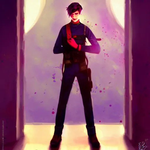 Image similar to colorful and festive captivating teenager boy with straight purple hair, purple eyes with red eye markers, slim body, wearing japanese combat clothes. rich vivid colors, ambient lighting, dynamic lighting, 4 k, atmospheric lighting, painted, intricate, highly detailed by charlie bowater