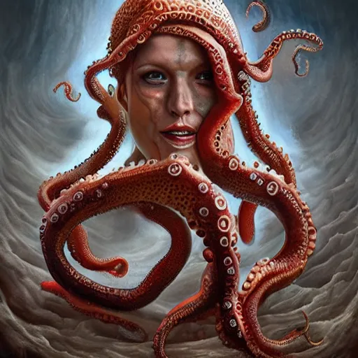 Image similar to octowoman, half woman, half octopus, lovecraftian horror!, surrealism, fantasy, intricate, elegant, highly detailed, digital painting, realistic shading, cinematic composition, hdr, photorealistic, 3 5 mm film, concept art, artstation, matte, sharp focus, illustration, art by keith thompson and christopher lane