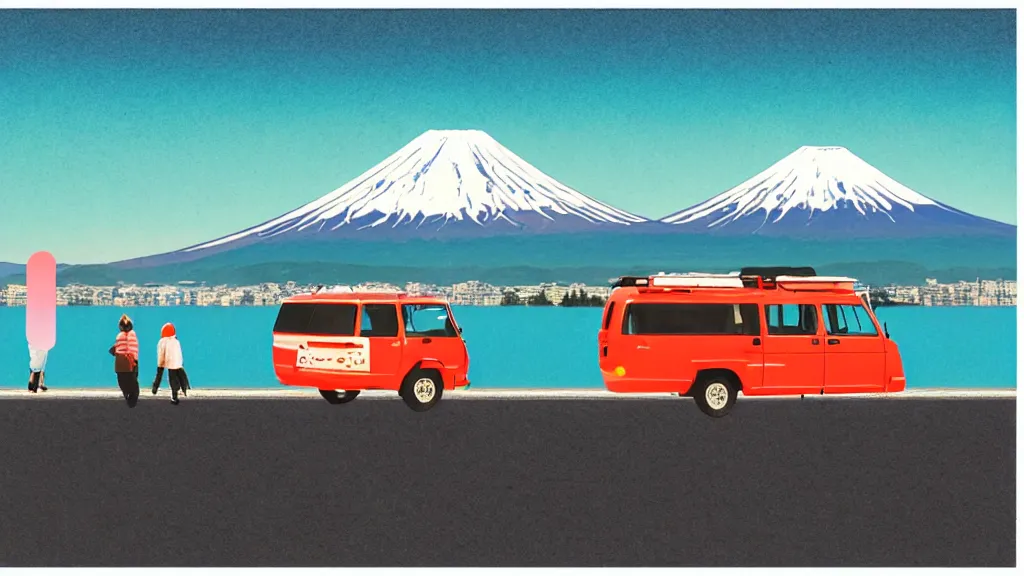 Prompt: a scene of camper travellers touring at yamanaka lake overlooking mount fuji, japan, a collage painting, in the style of wes anderson, lola dupre, david hockney, isolated on negative white space background dark monochrome neon spraypaint accents volumetric octane render