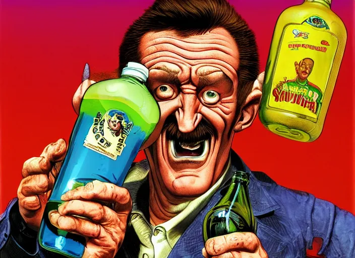 Image similar to barry chuckle chugging a bottle of snake oil, artwork by richard corben, 3 d, high resolution 8 k