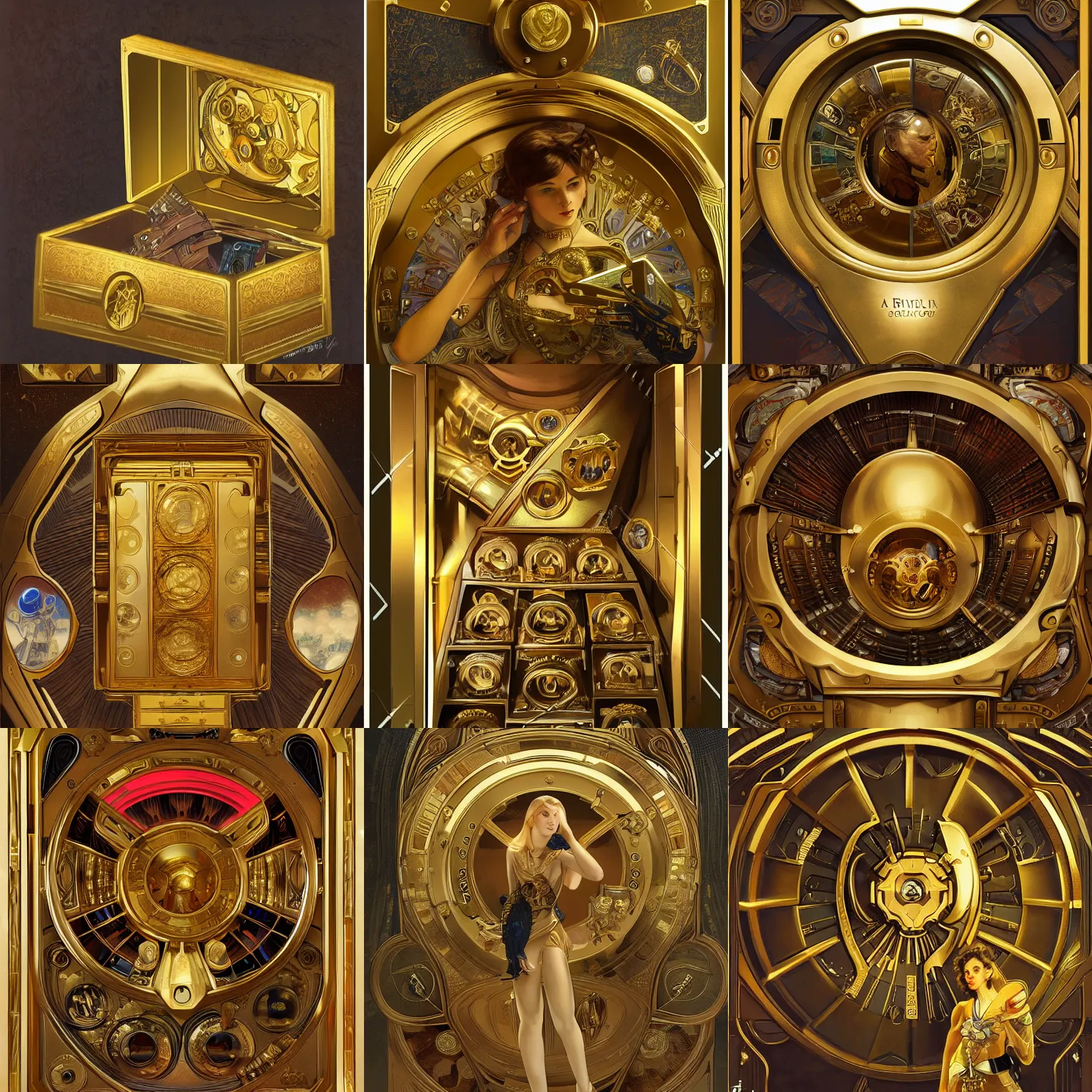 Prompt: a gold vault chest slightly open with hidden luxury goodies, scifi, interior, highly detailed, artstation, concept art, fine art illustration, alphonse mucha