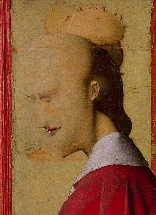 Image similar to Profile of Fallen Angel dressed in red, Medieval painting by Jan van Eyck, Johannes Vermeer, Florence