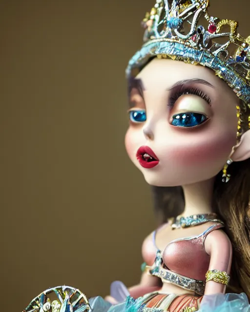 Image similar to closeup face profile portrait of a tin toy fairytale princess wearing a crown eating cakes in the castle, bikini, depth of field, zeiss lens, detailed, symmetrical, centered, fashion photoshoot, by nicoletta ceccoli, mark ryden, lostfish, breathtaking, 8 k resolution, extremely detailed, beautiful, establishing shot, artistic, hyperrealistic, octane render
