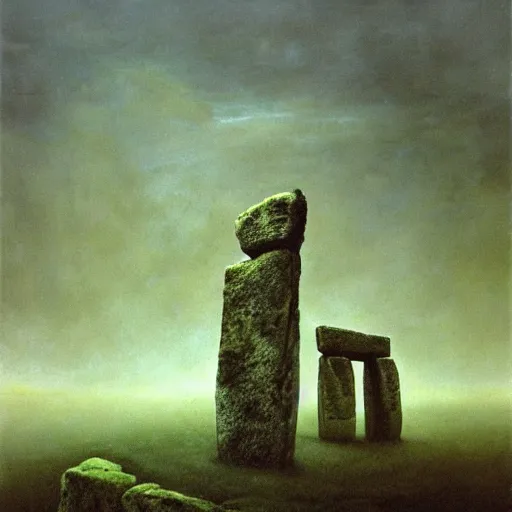 Prompt: arm reaching out of thick fog, rocks in the sky, stonehenge, zdzislaw beksinski