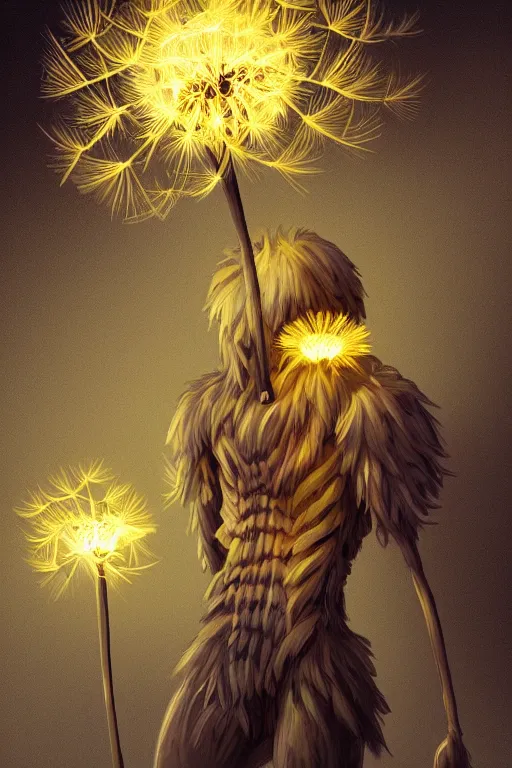 Image similar to a glowing humanoid figure dandelion monster with large glowing eyes, highly detailed, digital art, sharp focus, trending on art station, artichoke, anime art style