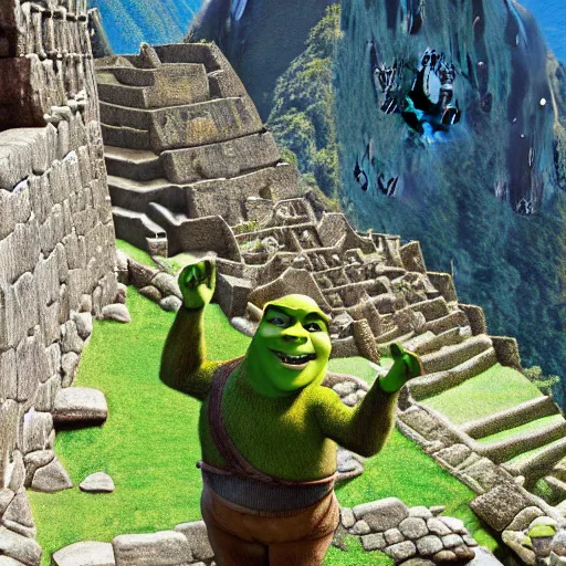 Prompt: Shrek in macchu picchu, highly detailed