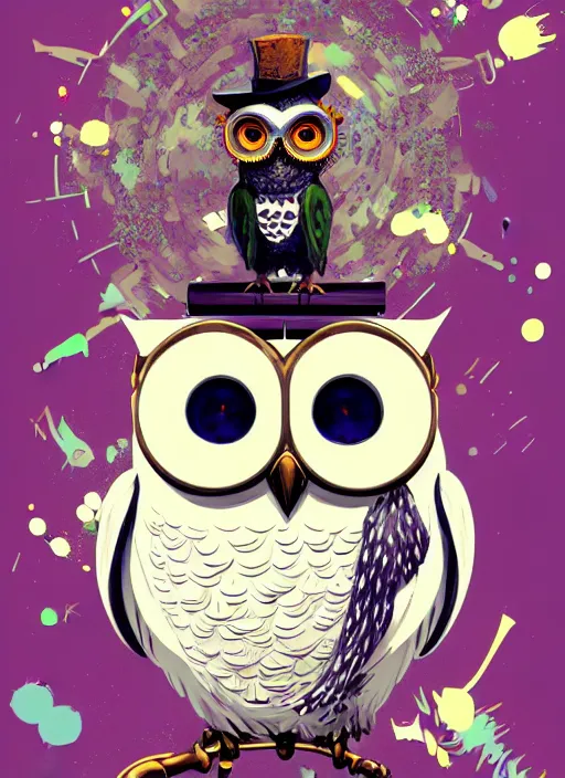 Image similar to anthropomorphic wise wealthy white - owl travels through time via steampunk portals, pixiv fanbox, dramatic lighting, maximalist pastel color palette, splatter paint, pixar and disney exploded - view drawing, graphic novel by fiona staples and dustin nguyen, peter elson, alan bean, wangechi mutu, clean cel shaded vector art, trending on artstation