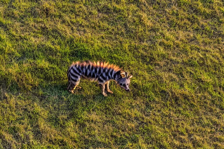Image similar to striped hyena laying in between the green in savannah, sunset, zoomed out, birds - eye - view
