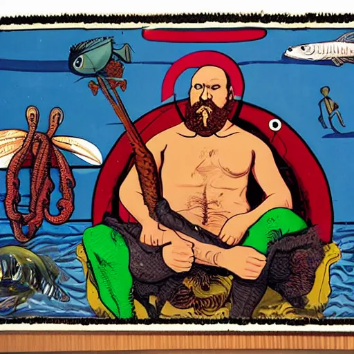 Image similar to by martin kippenberger, by steve dillon curvaceous, harrowing. a installation art of a mythological scene. large, bearded man seated on a throne, surrounded by sea creatures. he has a trident in one hand & a shield in the other. behind him is a large fish. in front of him are two smaller creatures.