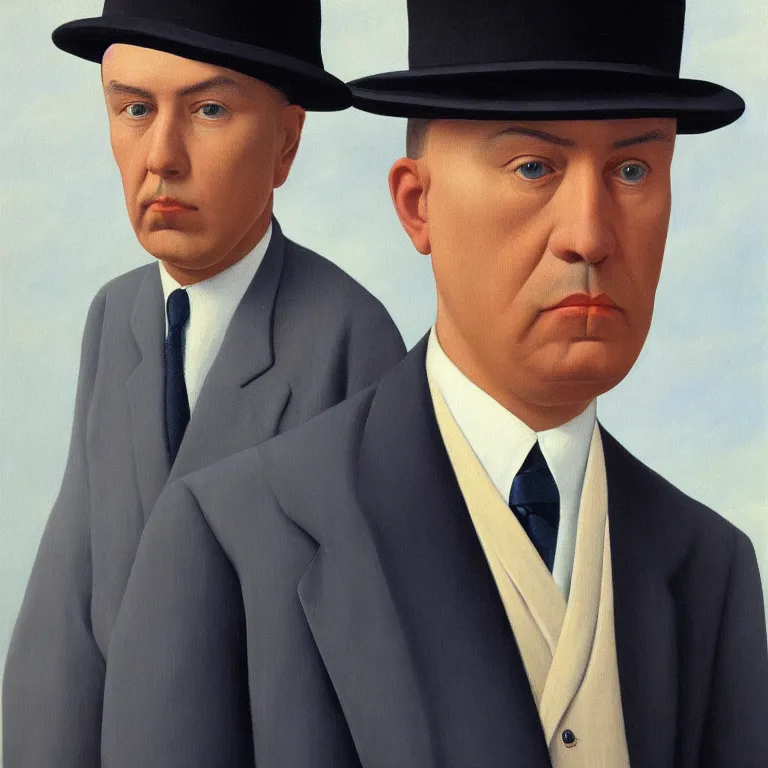 Image similar to portrait of a man in a suit, his face is fully made of clouds and he is wearing a hat, by rene magritte, detailed painting, hd, hq, high resolution, high detail, 4 k, 8 k