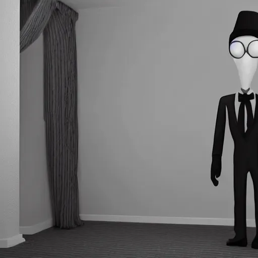 Prompt: slenderman standing in a dark bedroom, 8k, super detailed, extremly realistic, sharp