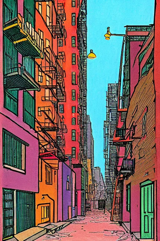 Image similar to a 2D drawing of an alley in New York in 1980s, colorful and beautiful by hiroshi yoshida