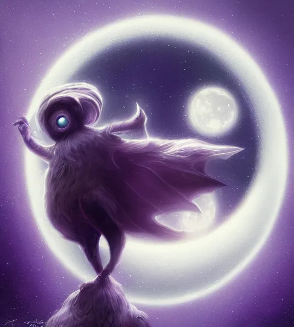 Prompt: cute anthropomorphic moon, cinematic, elegant, white and black and blue and purple mist, highly detailed, psychedelic, digital painting, artstation, smooth, hard focus, illustration, art by jessica rossier and and brian froud