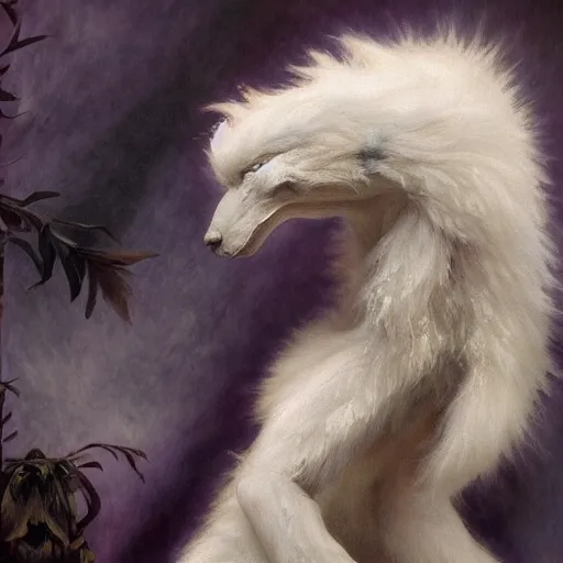 Prompt: a photo of a white fur monster standing in a purple room, diffuse lighting, fantasy, intricate, elegant, highly detailed, lifelike, photorealistic, digital painting, artstation, illustration, concept art, smooth, sharp focus, art by john collier and albert aublet and krenz cushart and artem demura and alphonse mucha