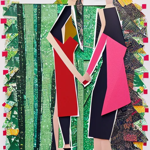 Image similar to paper collage art made of cut up magazines depicting two women holding hands in a jungle