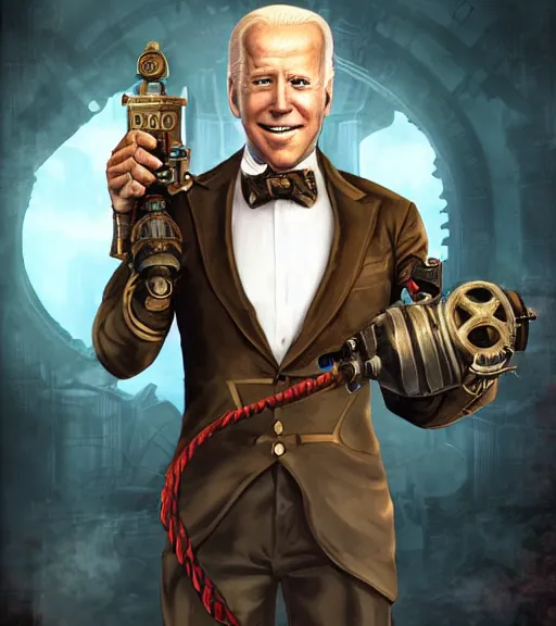 Prompt: joe biden cosplaying bioshock, by artgerm, by simon stalengrad, bioshock screenshot, steampunk, patriot