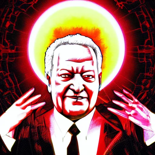 Prompt: yeltsin on an icon with a halo of blood, scary icon in hellish style, scary color art in 4 k