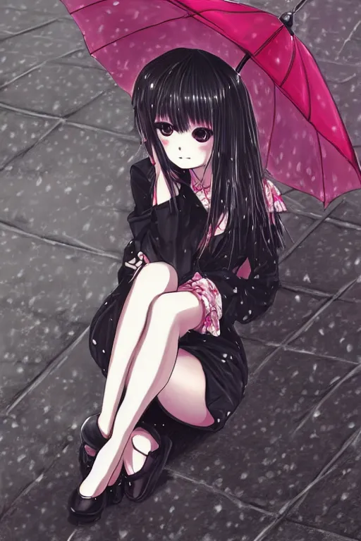 Image similar to A stern girl in Japanese maid's clothes and long stockings sits on the wet pavement in a parking lot in the rain at night. Dark anime drawing in gothic pixiv style.