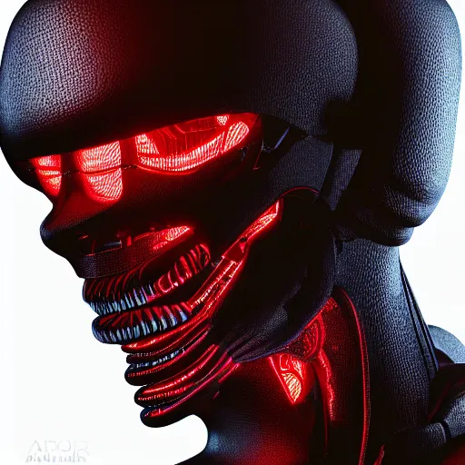 Image similar to painterly render of a military - grade, industrial, portrait of glowing, warm, sharp edges, sleek contours, textured, reddish, atmospheric, misty, leds, futuristic cybernetic warrior alien in profile, highly intricate, detailed humanoid in a volumetric lighting warehouse, trending on artstation