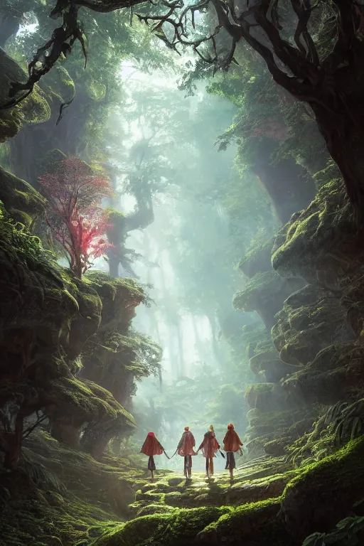 Image similar to a highly detailed matte painting of a group of young adventurers exploring elven ruins in a mystical forest, by studio ghibli, by artgerm, by wlop, by greg rutkowski, red tones, volumetric lighting, octane render, 4 k resolution, trending on artstation, masterpiece