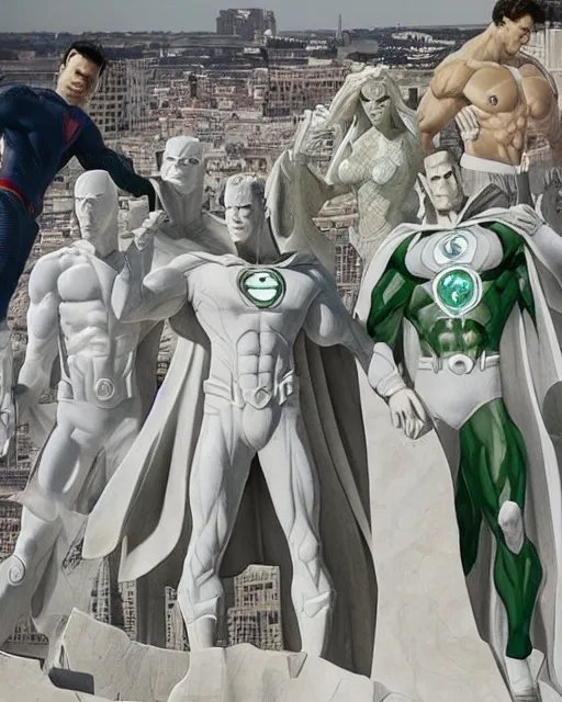 Image similar to a giant white marble sculpture depicting the Justice league, detailed, intricate Marble sculptures of Green Lantern, Flash, Superman, Batman, Wonder Woman, Aquaman and Martian Manhunter all carved out of one giant Block of Marble