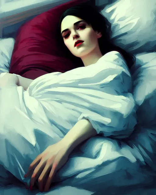 Image similar to stylized portrait by aykutmakut of an artistic pose, composition, young victorian sad fancy lady in bed, cinematic moody colors, realistic shaded, fine details, realistic shaded lighting poster by ilya kuvshinov, magali villeneuve, artgerm, jeremy lipkin and michael garmash and rob rey