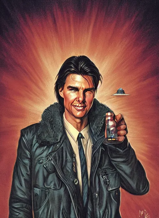 Image similar to portrait of innocent tom cruise, evil beings scheme to control him, twin peaks poster art, from scene from twin peaks, by michael whelan, artgerm, retro, nostalgic, old fashioned, 1 9 8 0 s teen horror novel cover, book