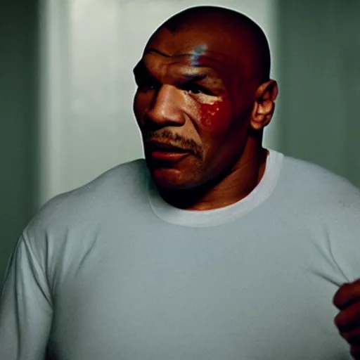 Image similar to a cinematic film still of Mike Tyson starring in The Shining, portrait, 40mm lens, shallow depth of field, close up, split lighting, cinematic