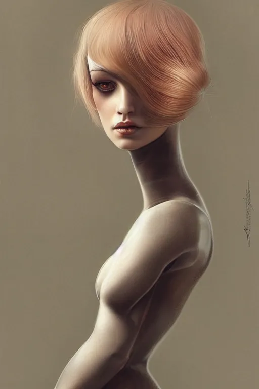 Prompt: Abstract tech portrait of a beautiful female dollpunk with thin lustrous hair wearing a full bodysuit, focus, detailed, realistic eyes, symmetric body features proportions, intricate details, award winning, by Tom Bagshaw