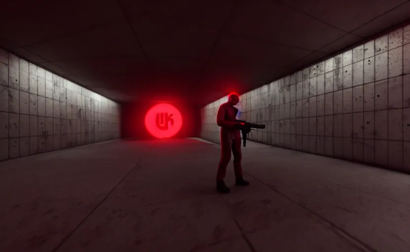 Prompt: in-game screenshot of a dark red hazmat scientist holding a gun walking on unreal engine 5, in a liminal underground garden, photorealistic, octane render, retrofuturism, brutalism, staggered terraces, minimalist, soft vintage glow