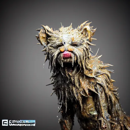 Image similar to photo taken of an epic intricate, ultra detailed, super realistic gritty, wet, lifelike sculpture of an cute furry monster with bioluminescent patches of skin created by weta workshop, zoomed in shots, subsurface scattering, photorealistic, sharp focus, white wall coloured workshop, cold colour temperature, f 0. 4, face centred, golden ratio