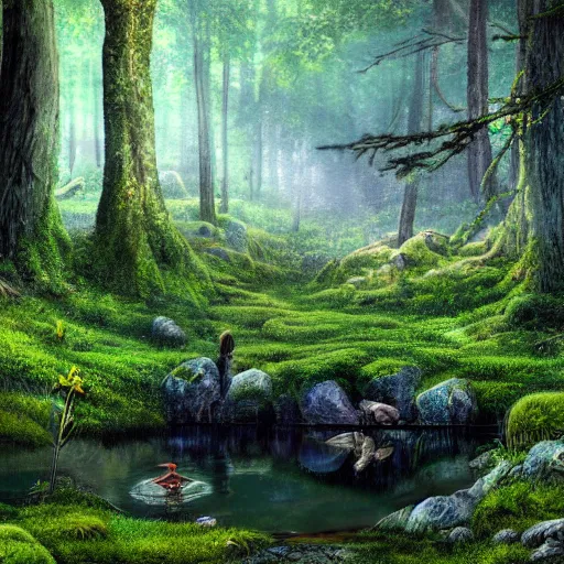 Image similar to a small hidden lake in the forest, moss, rocky landscape, fairytale, digital art, highly detailed, HD, trending on artstation, mystical, fireflies, ethereal, beautiful