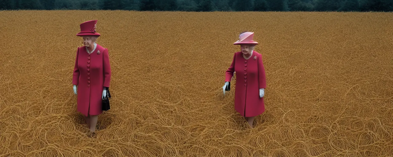 Image similar to queen elizabeth as a young woman walking through a field of spaghetti, canon 2 0 mm, wes anderson, kodachrome