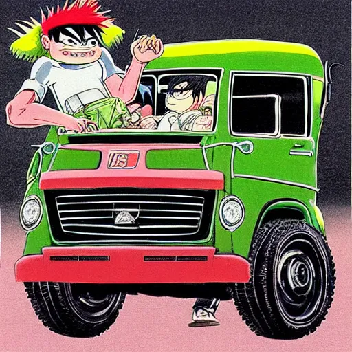 Prompt: a japanese print of a gorillaz album cover, green pickup car, art by akira toriyama