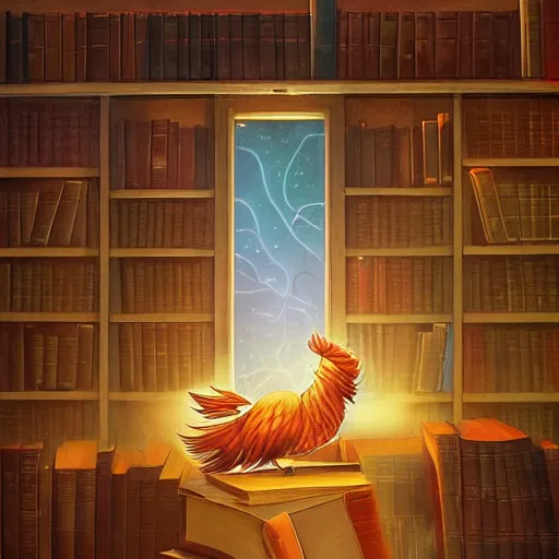 Prompt: a cartoonish adorable phoenix inside a library, curled up on a book, warm lighting, magical atmosphere, trending on artstation, 3 0 mm, by evgeny lushpin trending on artstation, deviantart, high detail, stylized portrait