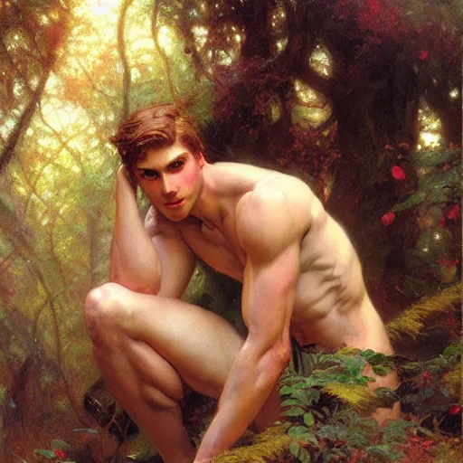 Image similar to attractive male fairy in the forest posing. highly detailed painting by gaston bussiere, craig mullins, j. c. leyendecker, 8 k