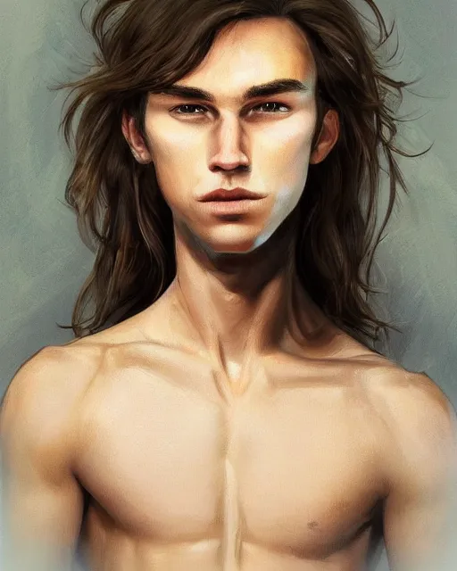 Prompt: face of a masculine young man with thin face lines, have long brown hair and green eyes, very beautiful portrait, low angle, realistic and perfect art, trending on artstation, good lighting