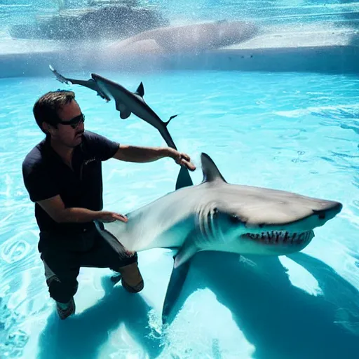 Image similar to a man feeding a shark in a pool