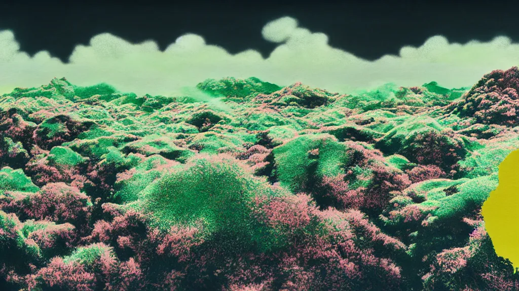 Image similar to dramatic landscape of okinawa prefecture, japan, a collage painting, in the style of wes anderson, lola dupre, david hockney, isolated on negative white space background dark monochrome neon fluorescent spraypaint accents volumetric octane render