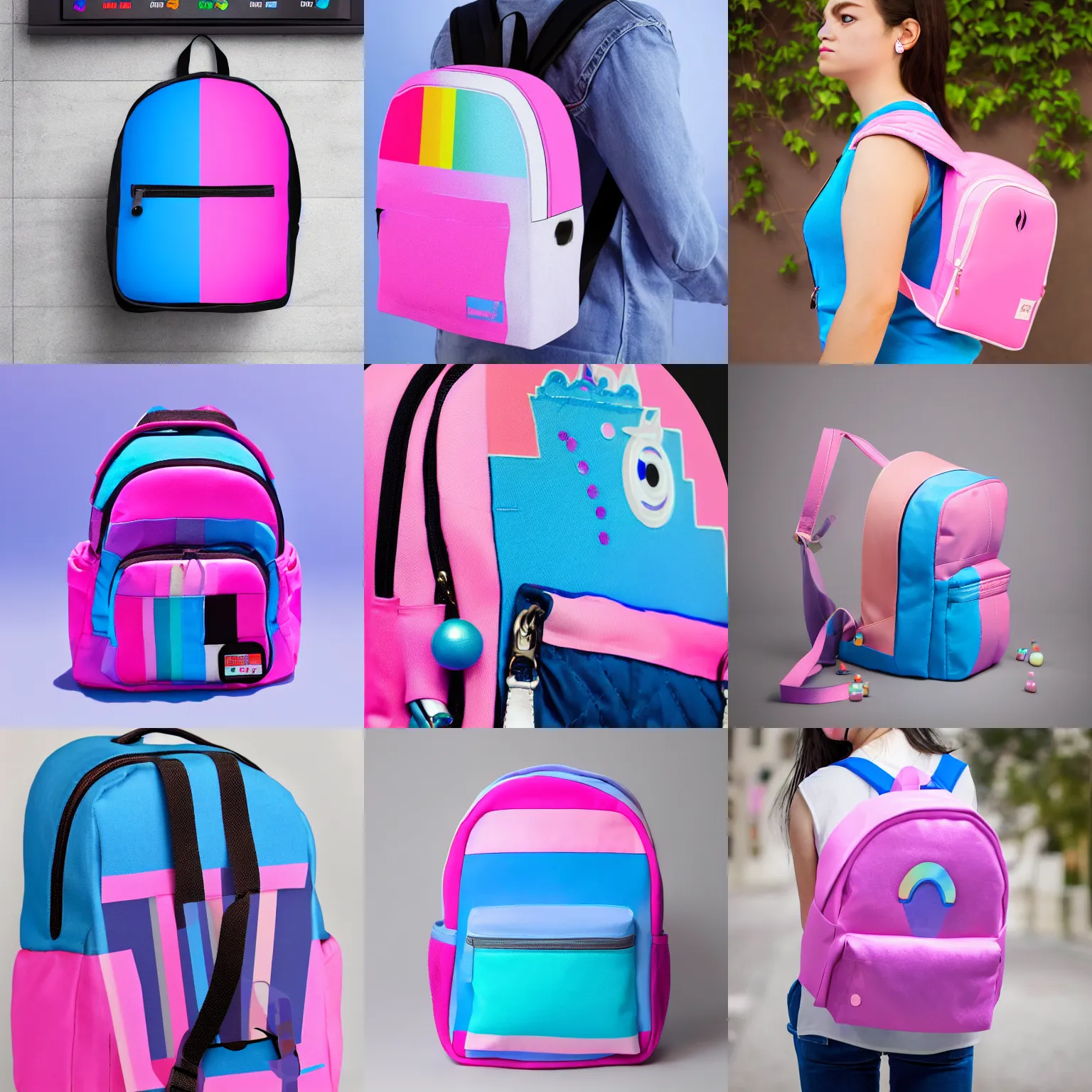 Prompt: trans pride themed cute pink blue white backpack with pride pins, high definition softbox studio lighting product photo