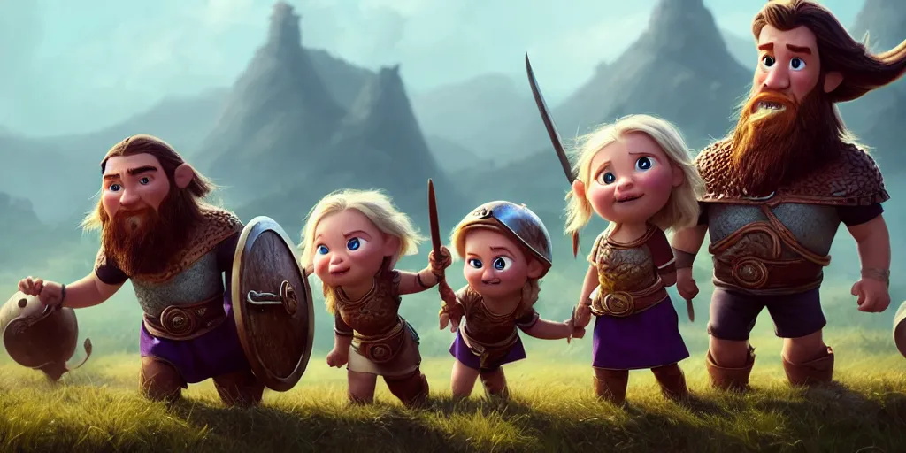 Prompt: adorable vikings, pixar render, brilliant style by Artstation, Artstation Trending, cgsociety, high quality, very coherent, ultra realism, high definition, post processing, unreal engine, 8k, high resolution, octane render, high contrast, 4k UHD, photographic, digital art, artstation,