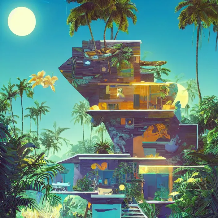 Image similar to a luminescent tropical cottage by paolo eleuteri serpieri and tomer hanuka and chesley bonestell and daniel merriam and tomokazu matsuyama, unreal engine, high resolution render, featured on artstation, octane, 8 k, highly intricate details, vivid colors, vector illustration