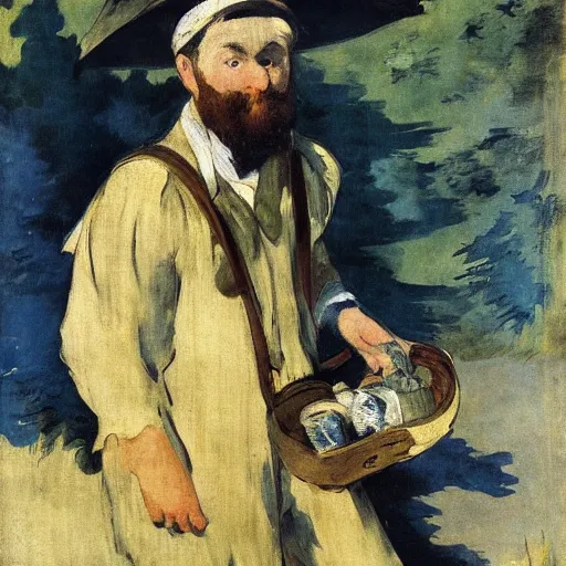 Prompt: A traveling merchant with a huge backpack full of wares. Fantasy, painted by Manet, portrait.