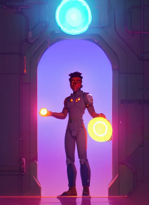 Prompt: engineer stepping through glowing portal, handsome black man, full body cinematic | hyperrealistic digital painting by makoto shinkai, ilya kuvshinov, lois van baarle, rossdraws | afrofuturism in the style of hearthstone and overwatch, trending on artstation | green highlights and complimentary colors