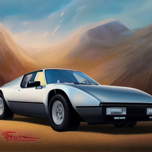 Prompt: full view of a classic supercar from 1980's with off-road tires, intricate, elegant, highly detailed, digital oil painting, concept art, smooth, sharp focus, art style from Greg Rutkowski and Bruce Kaiser and Scott Robertson and Dmitry Mazurkevich and Doruk Erdem and Jon Sibal